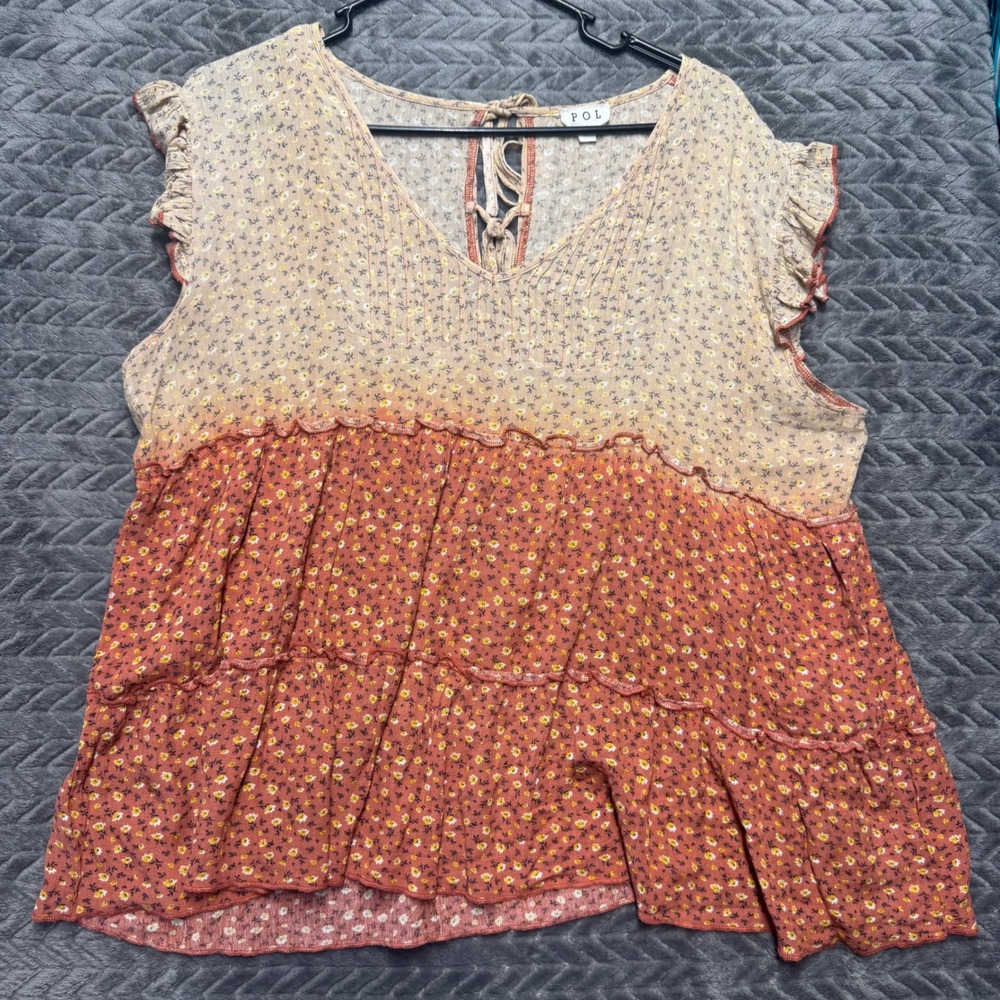 POL Babydoll Top Medium Tan Orange Excellent Boho Floral Tiered Ruffle (1660)